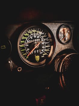 Close-up of a luxury car's speedometer and dashboard with dramatic lighting, emphasizing speed and elegance.