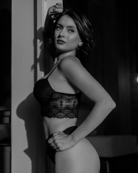 Artistic black and white portrait of a woman posing in lingerie with dramatic lighting.