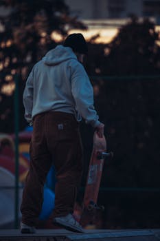 Person holding skateboard, standing outdoors during a dimly lit sunset.
