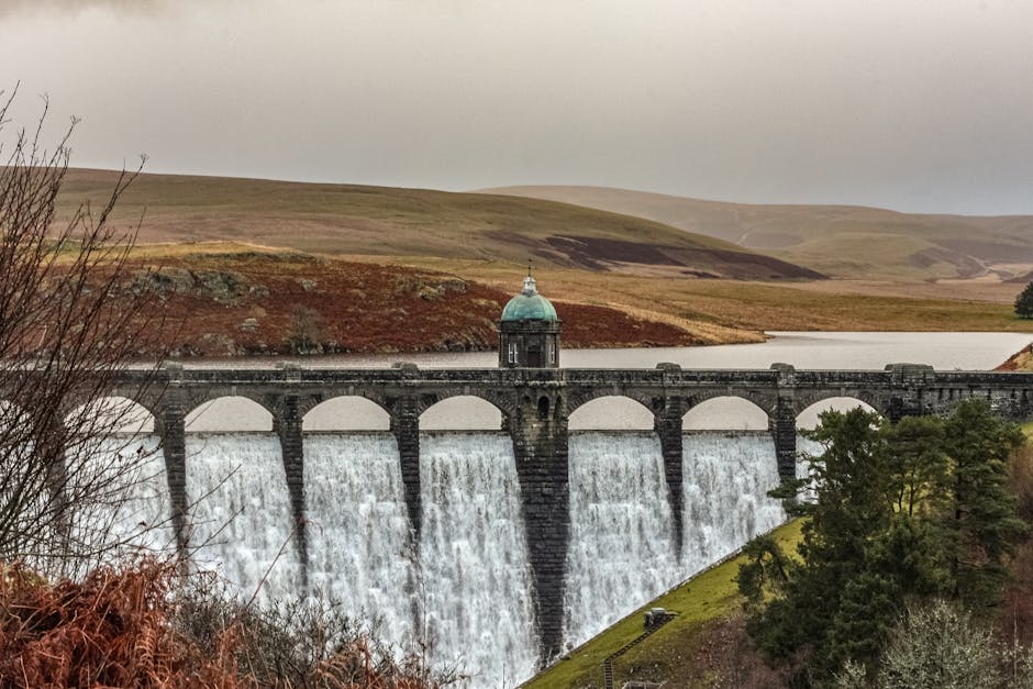 Photo by txomcs Majestic dam with arches, cascading water, and scenic landscape of hills and trees.