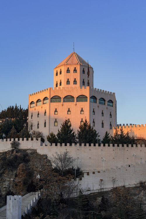 Free A stunning view of Estergon Castle in Ankara, captured at sunset with scenic blue sky. Stock Photo