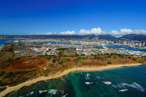 Aerial View of a Coastal City in Hawaii 