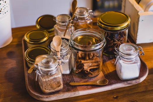 Glass jars filled with spices and kitchen ingredients arranged on a wooden tray.