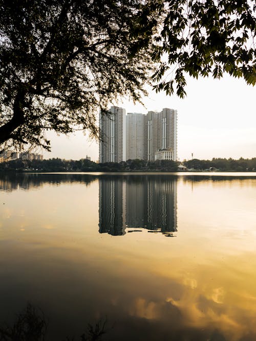 Modern City Apartment Buildings Reflected in Nagavara Lake 