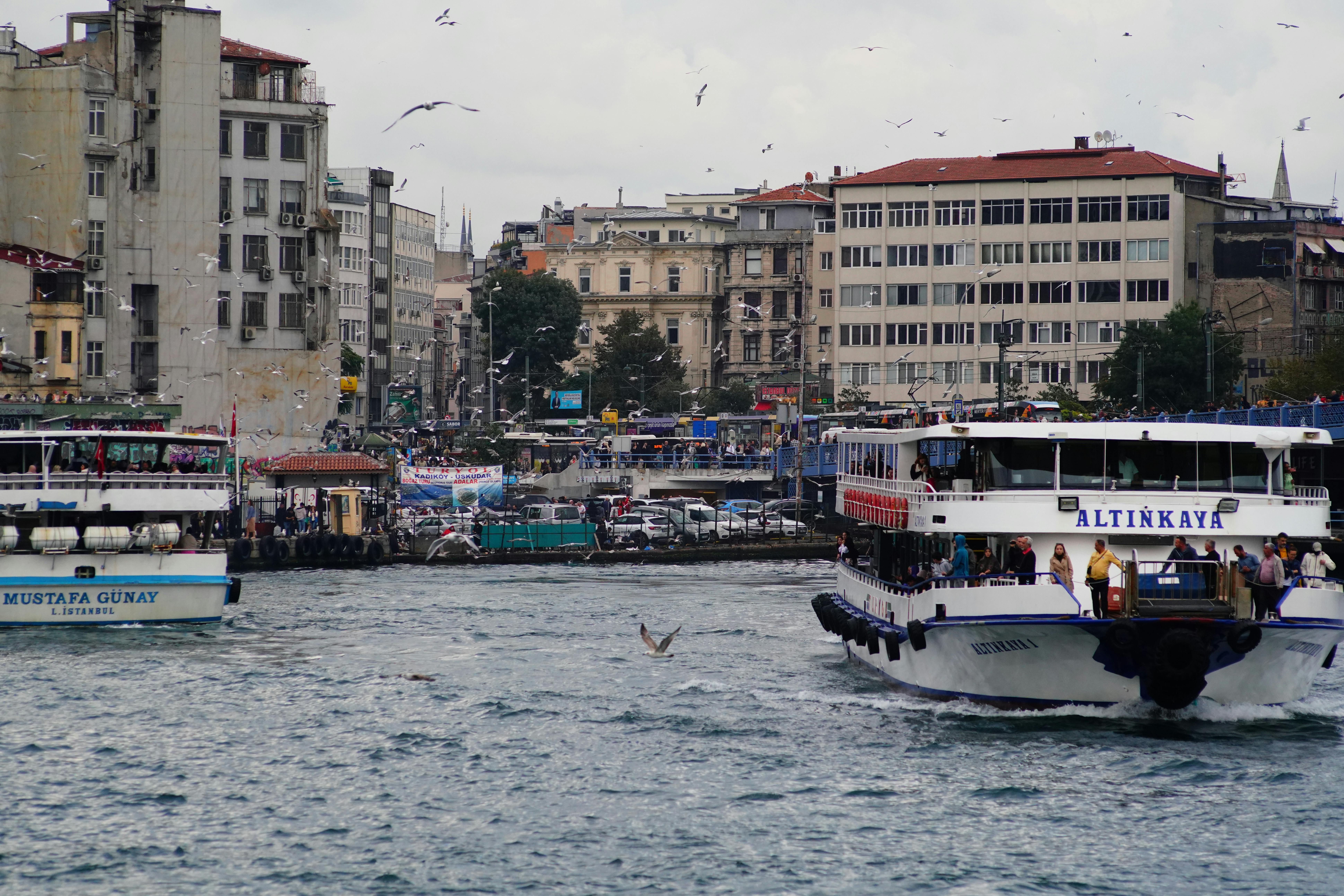 Explore the bustling waterfront of Istanbul featuring cruise ships, iconic buildings, and lively activity.