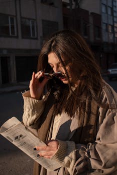 A woman reads a newspaper with sunglasses, enjoying a sunny day outdoors.