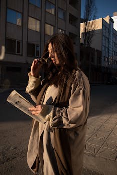 Woman in trench coat reading a newspaper on a sunlit street. Urban setting with low light, creating a warm atmosphere.