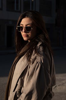 Stylish young woman wearing sunglasses walks confidently on an urban street under soft sunlight.