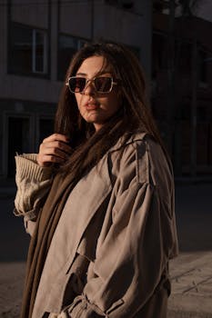 Fashionable woman wearing sunglasses and coat in moody urban environment.