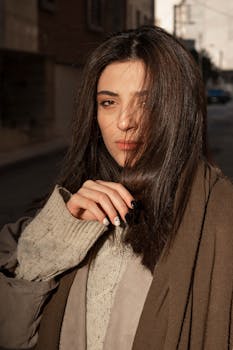 A contemplative woman with long dark hair and a sweater stands outdoors, embracing a serene moment.