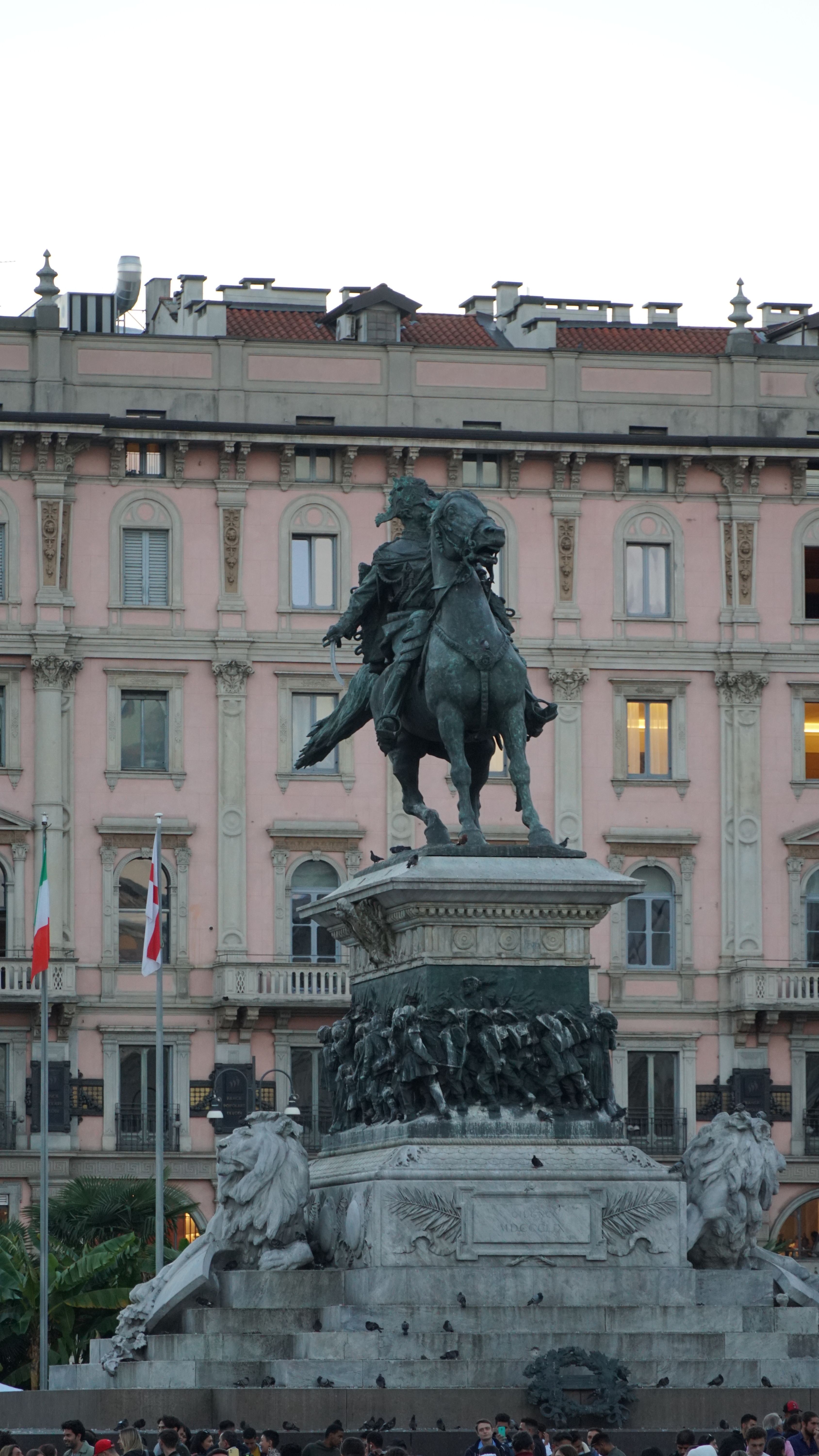 Equestrian statue of Vittorio Emanuele II in Milan's vibrant city center, Italy.