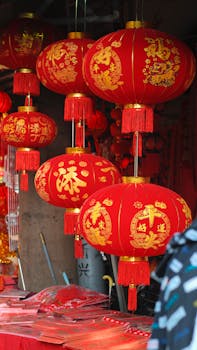 Bright red Chinese lanterns with gold designs, perfect for traditional celebrations.