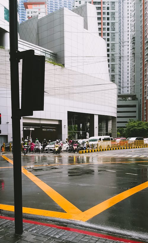 View of an Intersection and Modern Skyscrapers in City 