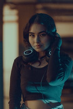 Young woman wearing fashionable headphones under moody lighting, evoking a trendy urban vibe.