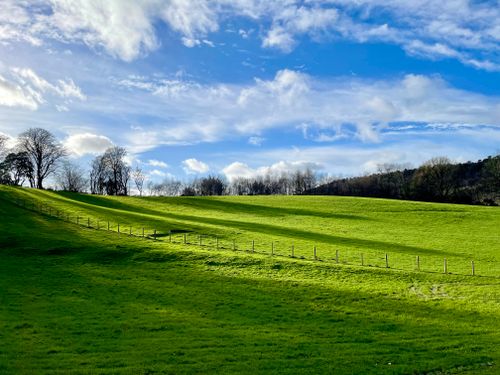 Free Expansive green meadow with a fence under a vibrant blue sky, ideal for serene landscape concepts. Stock Photo
