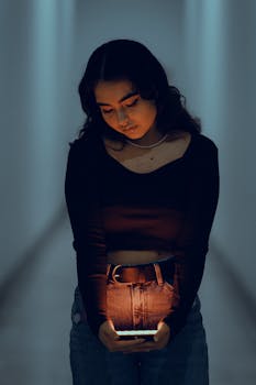 A teenage girl holding a lit smartphone in a dimly lit hallway, creating an ambient glow.