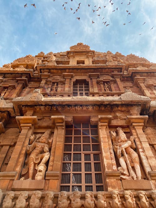 Low Angle Shot of the Facade of Brihadisvara Temple in Thanjavur, Tamil Nadu, India
