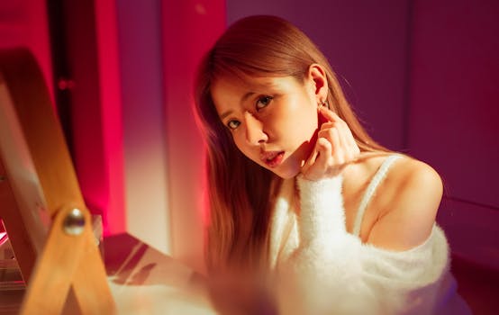 Portrait of a woman with long hair, wearing a cozy sweater, in a warm and soft light setting.