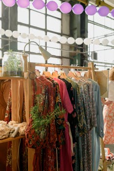 Colorful vintage dresses on a rack with vibrant balloons in a boutique setting.