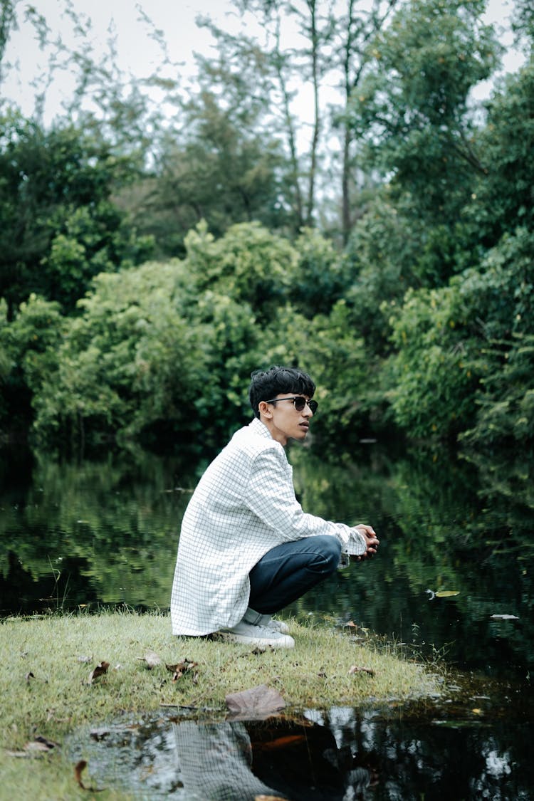 Man In Shirt Posing By Pond