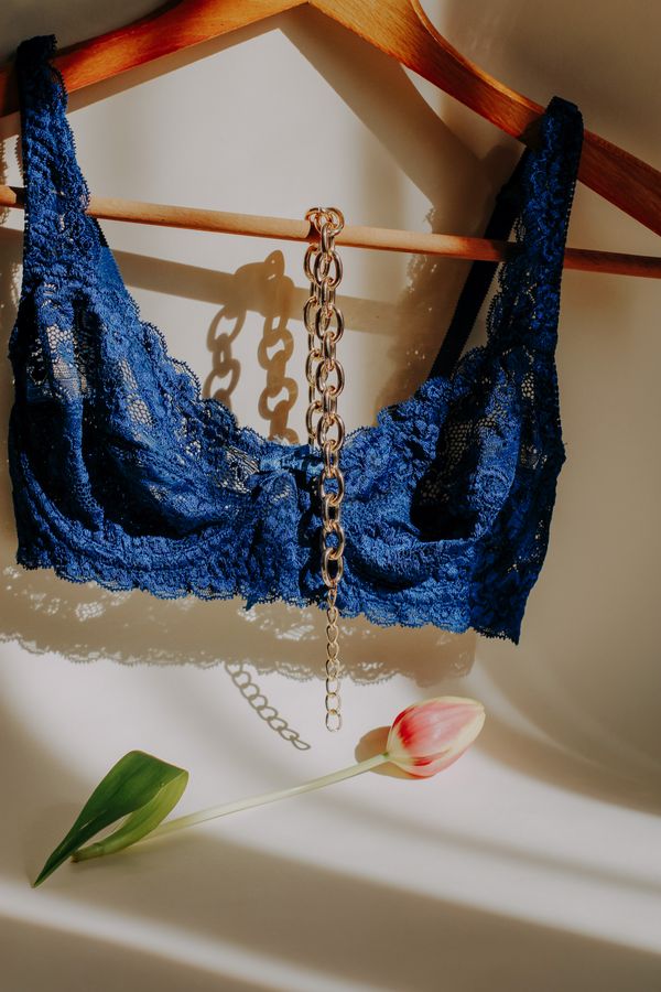 Blue lace bralette on wooden hanger with tulip