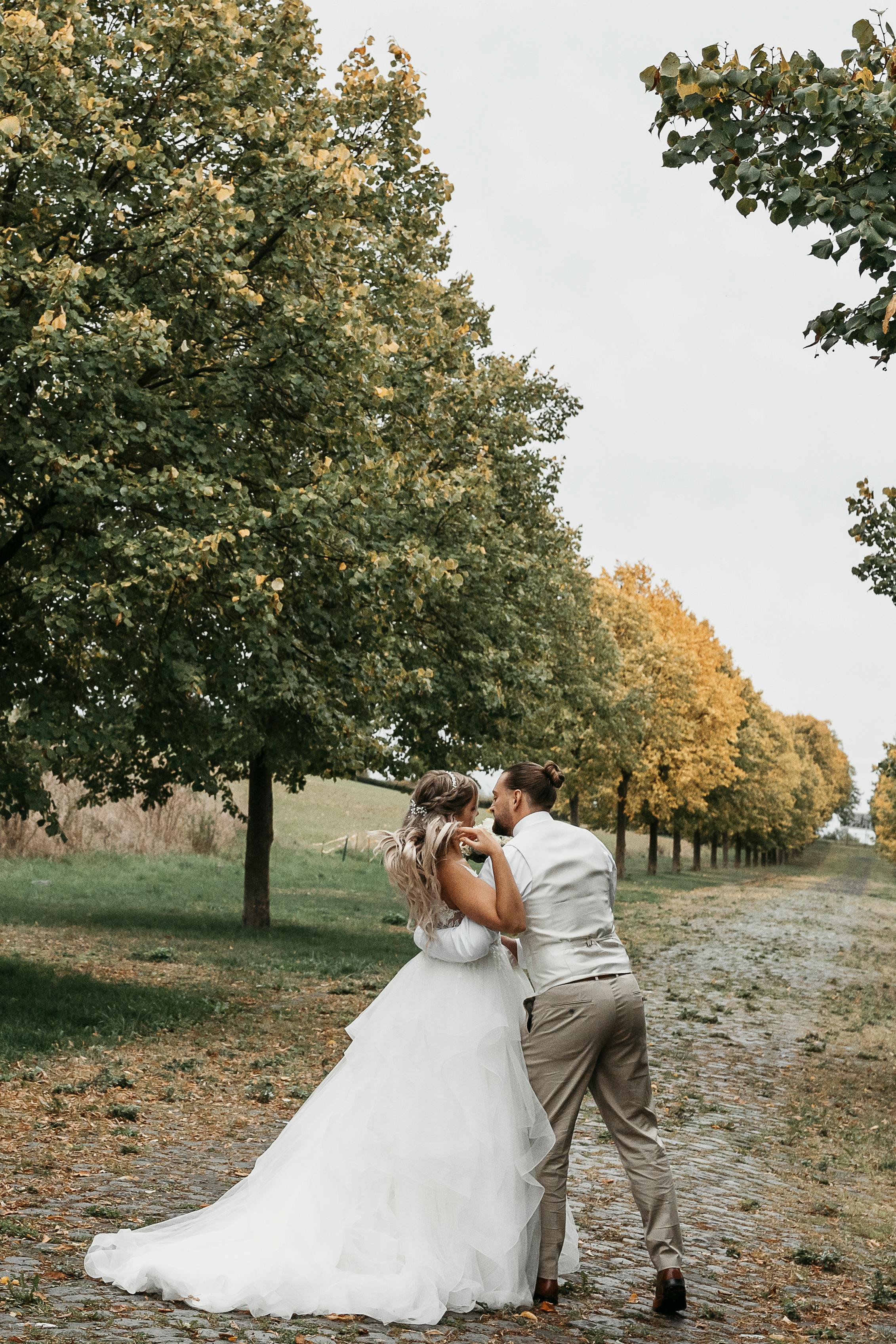 newlywed couple embracing