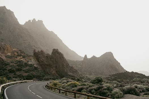 Curved road amidst towering mountains enveloped in mist, offering a tranquil view.