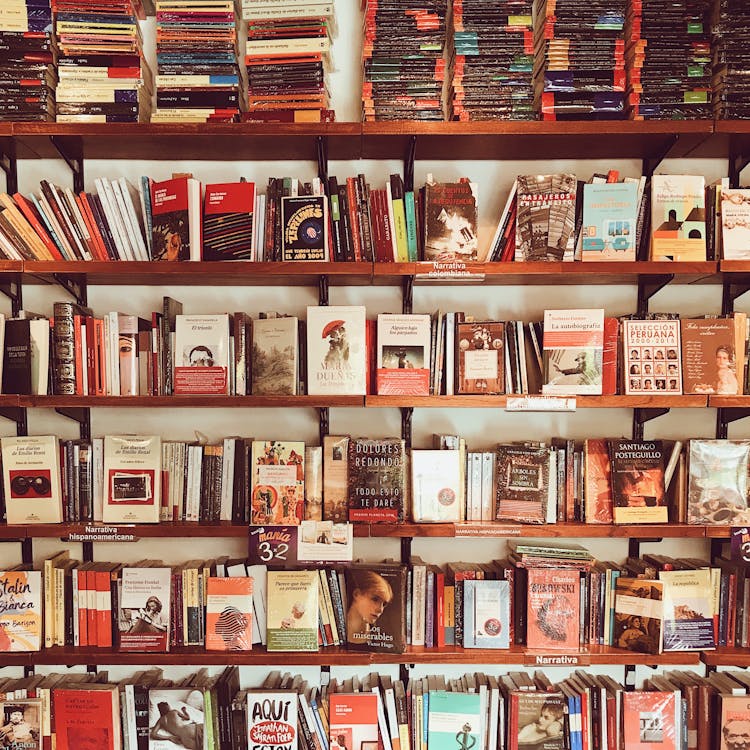 Assorted Title Books On Brown Wooden Shelf