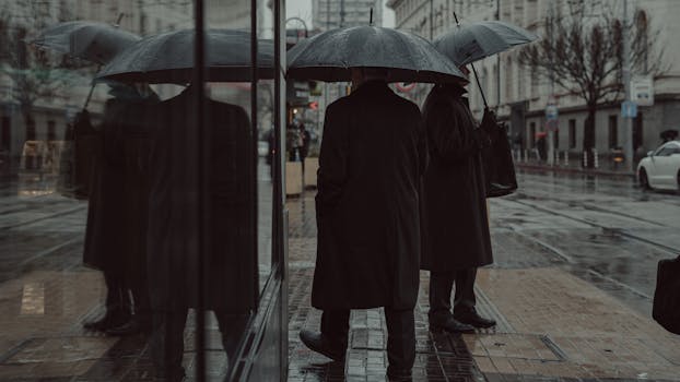People with umbrellas reflecting on a rainy sidewalk in Sofia, Bulgaria.