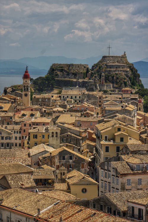 Aerial View of Corfu Old Town with the Old Fortress on the Hill, Corfu, Greece