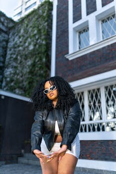 Confident woman with curly hair posing outdoors in trendy fashion outfit.
