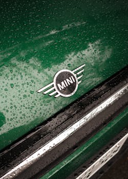 Detailed shot of a MINI logo with raindrops on a green hood in Minato City, Tokyo.