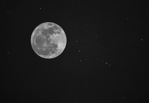 Free A detailed black and white photo of the full moon surrounded by stars in the night sky. Stock Photo