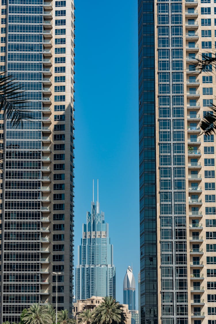 Modern Skyscrapers And Burj Khalifa In Dubai, United Arab Emirates