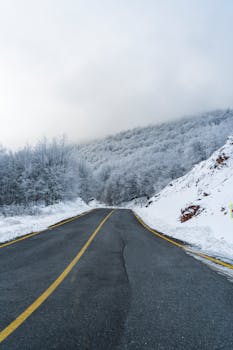 A serene snowy road through Kartepe, Kocaeli, showcasing winter's beauty.