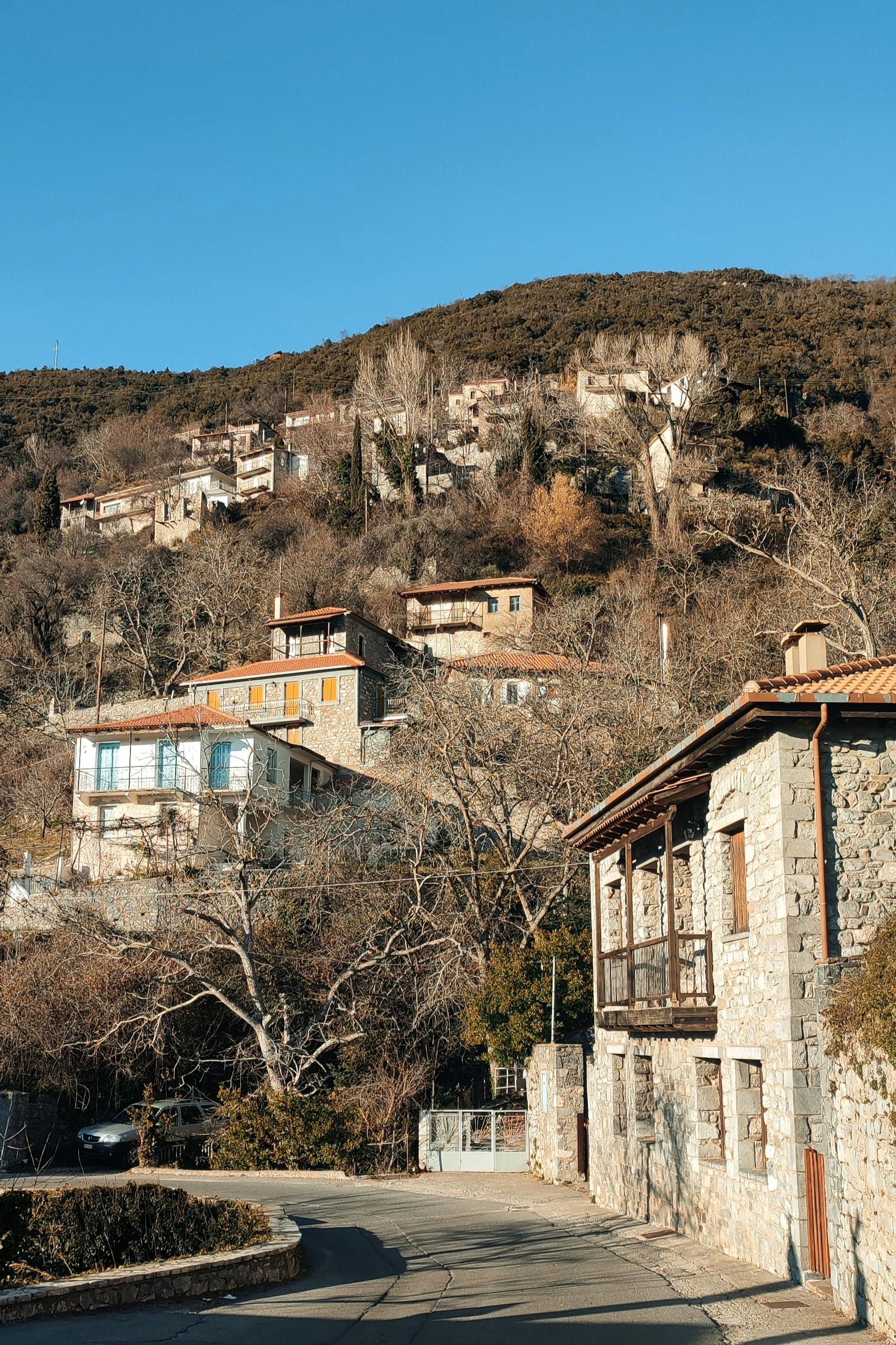 Rustic stone houses nestled along a scenic mountainside in Greece.