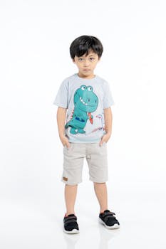 Cute Asian boy with hands in pockets, posing in a studio with a dinosaur T-shirt.