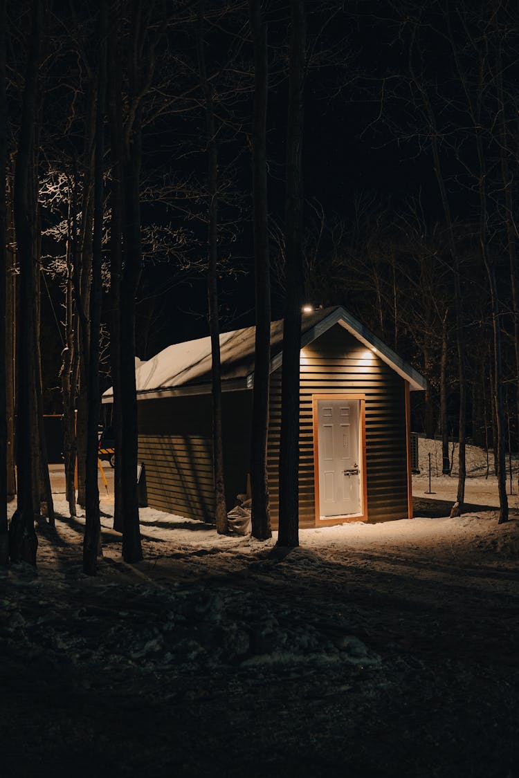 Wooden Shed In Winter At Night