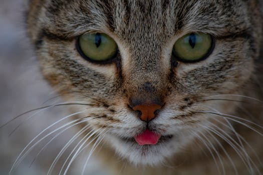 A detailed close-up of a tabby cat with vibrant green eyes and pink tongue peeking out, showcasing its whiskers.