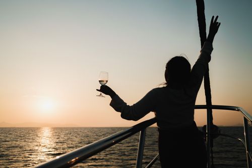 Free Silhouette of a woman with a drink, celebrating a sunset on a yacht trip. Stock Photo