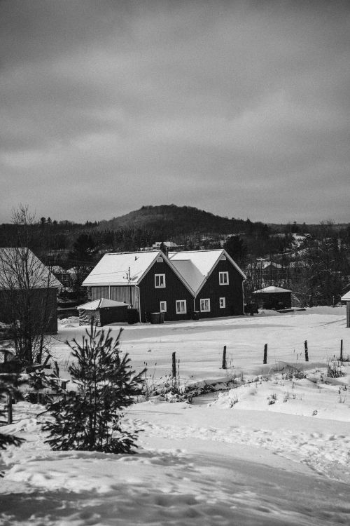 Free Black and white image of a snowy winter landscape with houses and mountains. Stock Photo