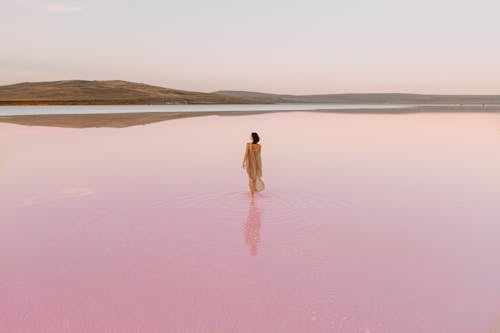 Woman Walking in Pink Water of a Lake