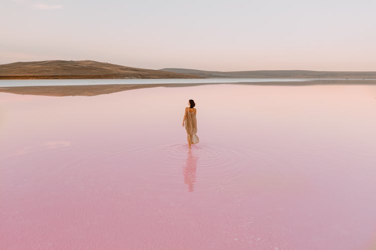 Woman Walking In Pink Water Of A Lake