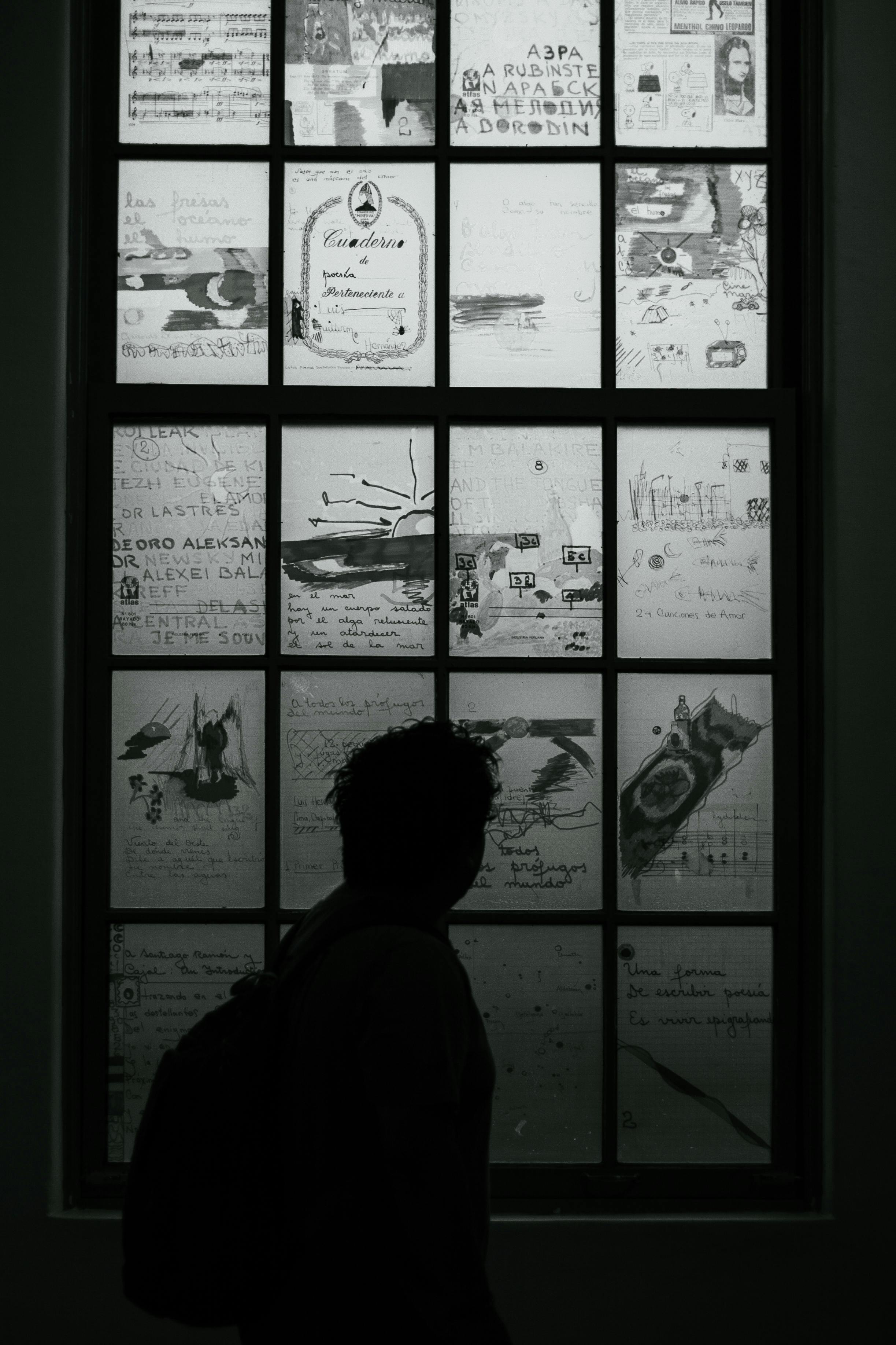 silhouette of man standing near window with images