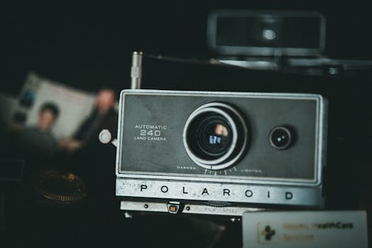 Close-up of a vintage Polaroid 240 Land Camera with blurred background.