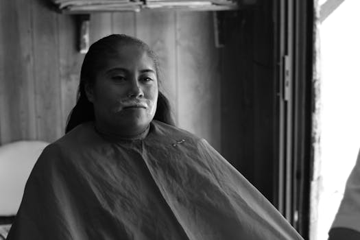 Black and white portrait of a woman sitting in a barbershop wearing a cape, natural light.