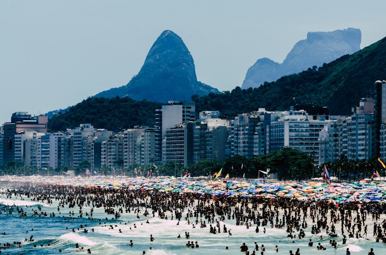 Crowded Copacabana Beach In Rio De Janeiro, Brazil