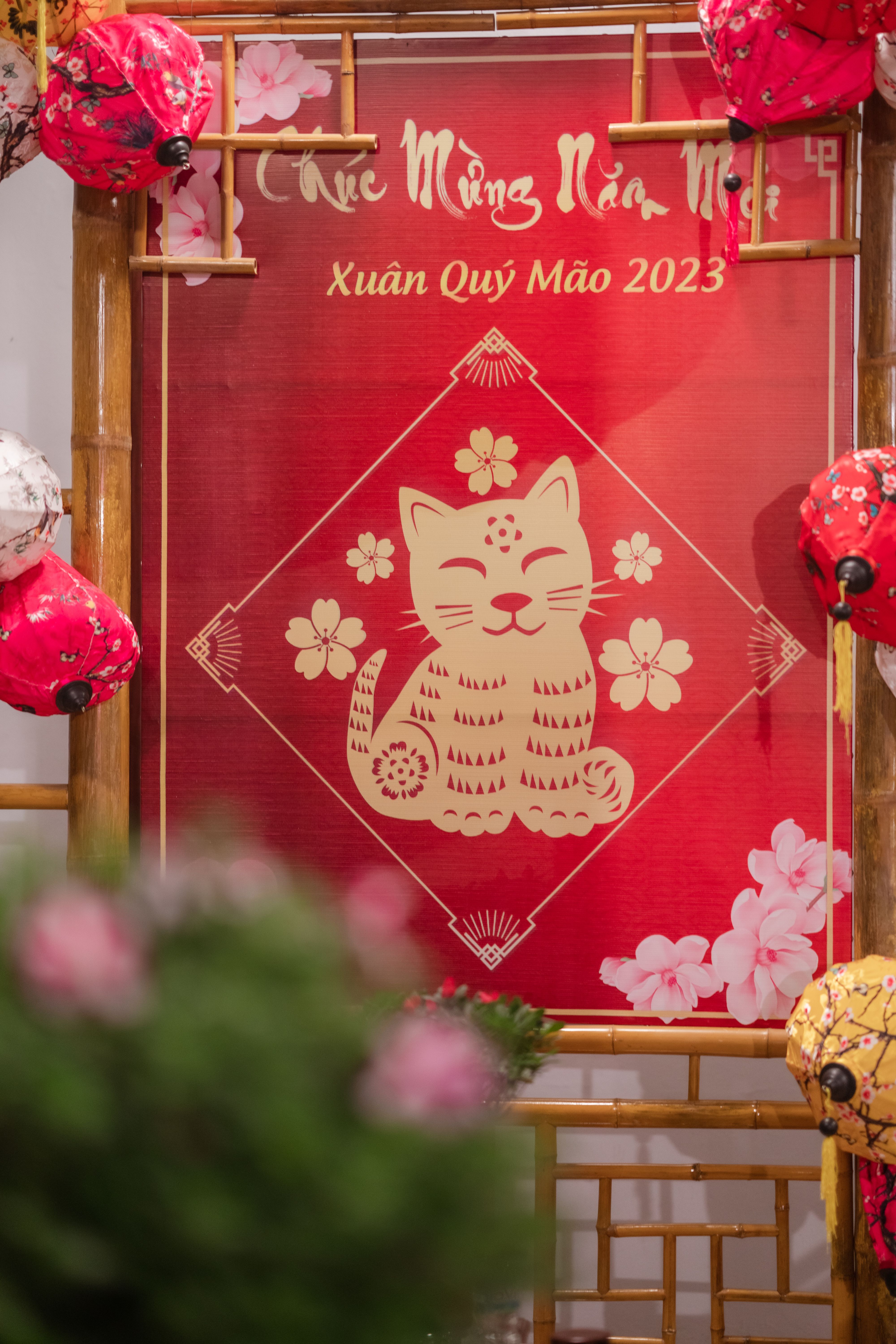 Decorative poster featuring a smiling cat for Lunar New Year 2023, symbolizing good fortune.