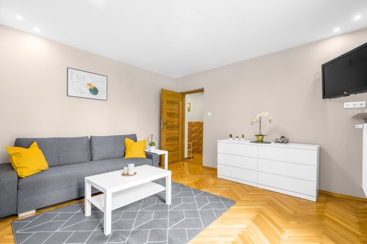 Contemporary living room in Warsaw with a grey sofa and yellow pillows, sleek interior design.