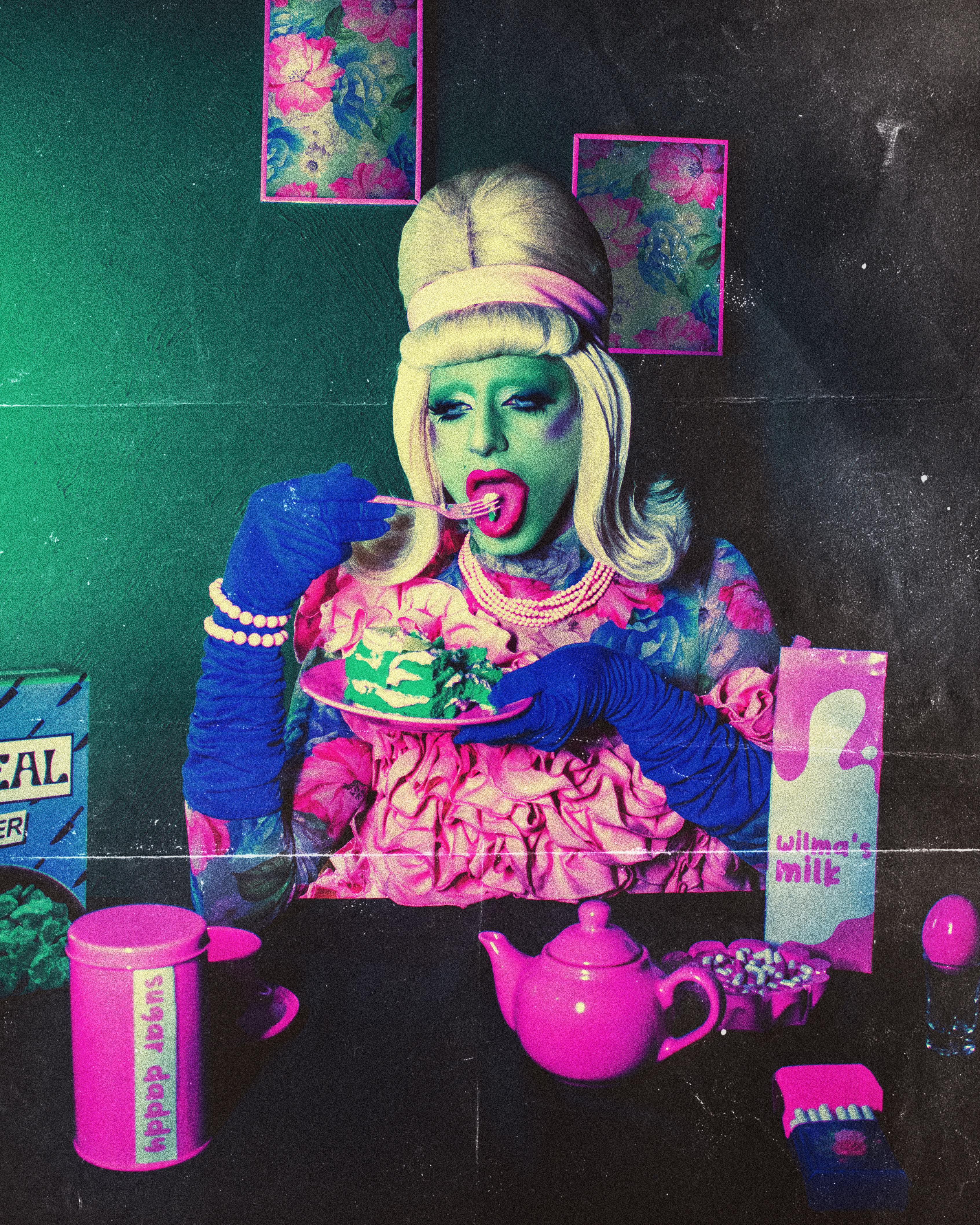 Vibrant retro-themed photograph of a person with a painted face enjoying cake.